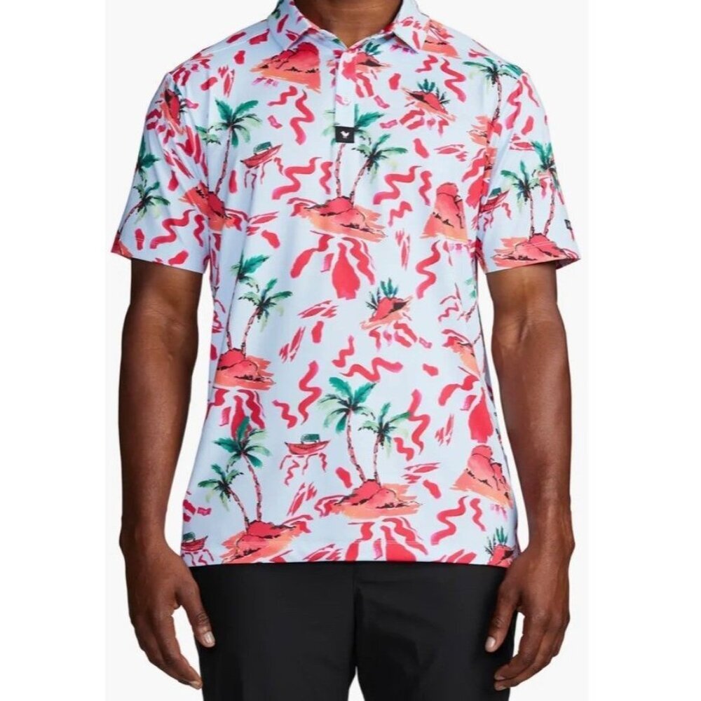 Bad Birdie Men's Blue Red Rocks Performance Golf Polo Shirt Size M Medium Tropic